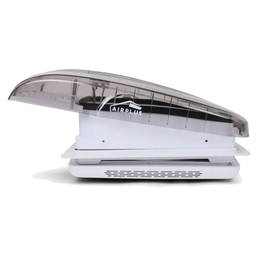 AirPlus Deluxe roof vent shown from the side with the smoked lid raised, manufacturer photo