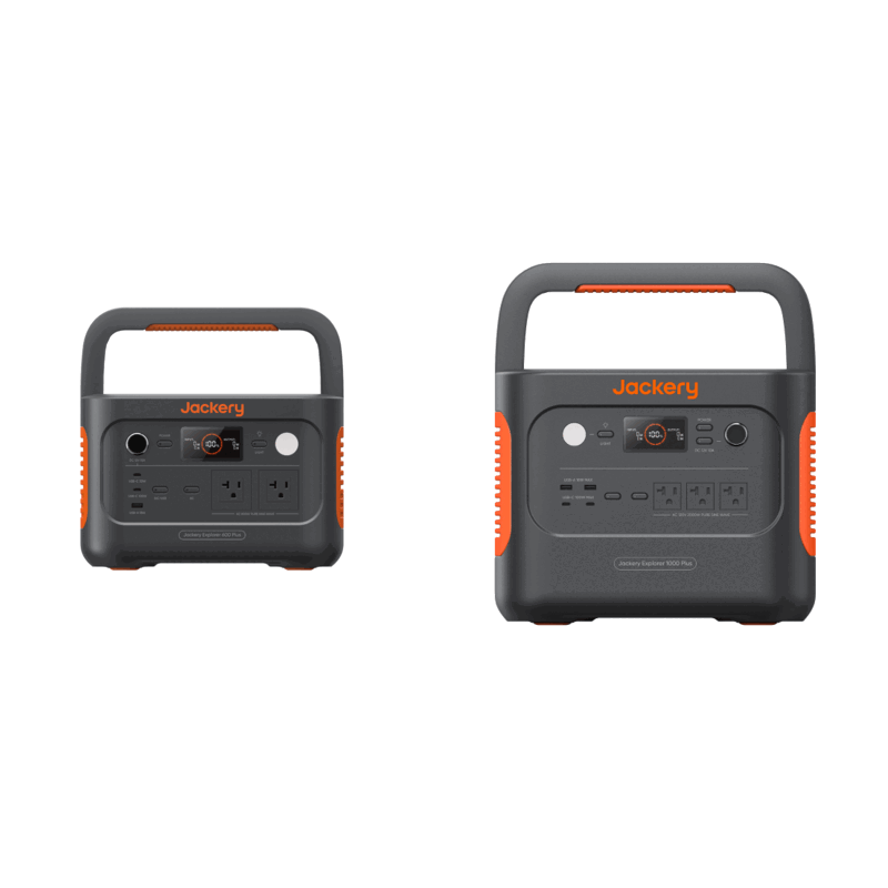 Jackery Explorer 600 Plus next to a larger Explorer 1000 Plus — visualizing the step up from the under-$500 to the under-$1k tier