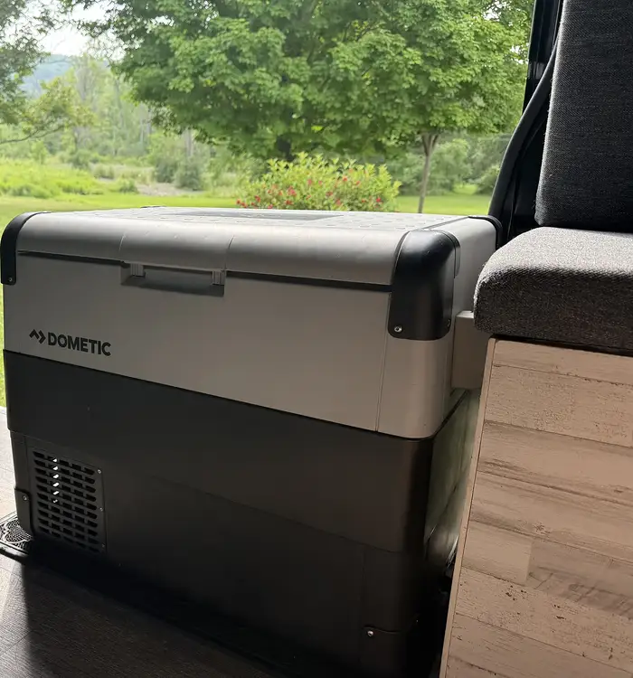 Dometic CFX65DZ chest fridge installed in the van