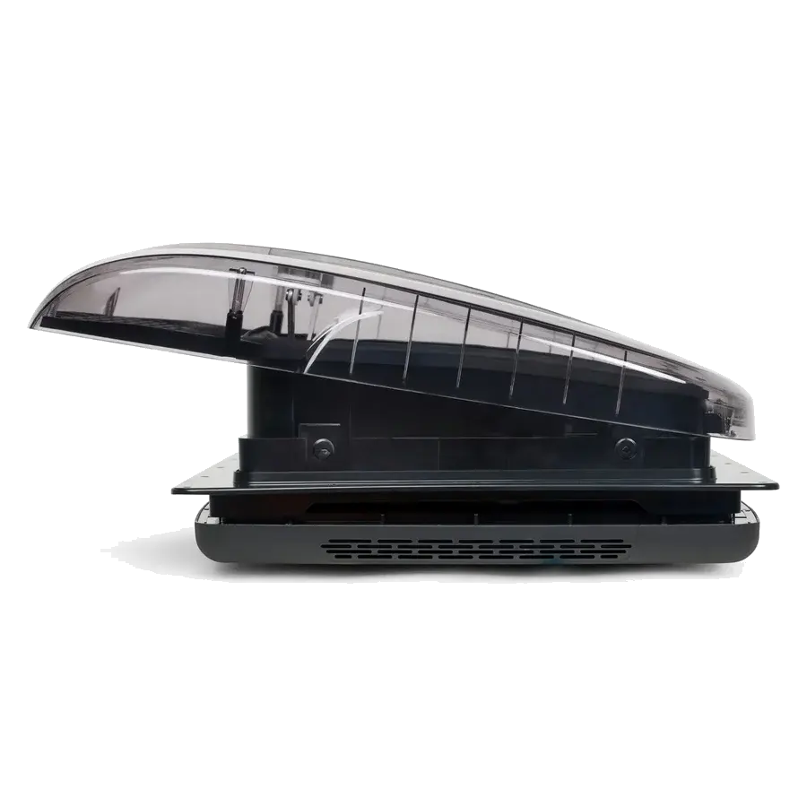 ProBreeze 14 inch brushless roof fan shown from the side with the smoked dome raised, manufacturer photo