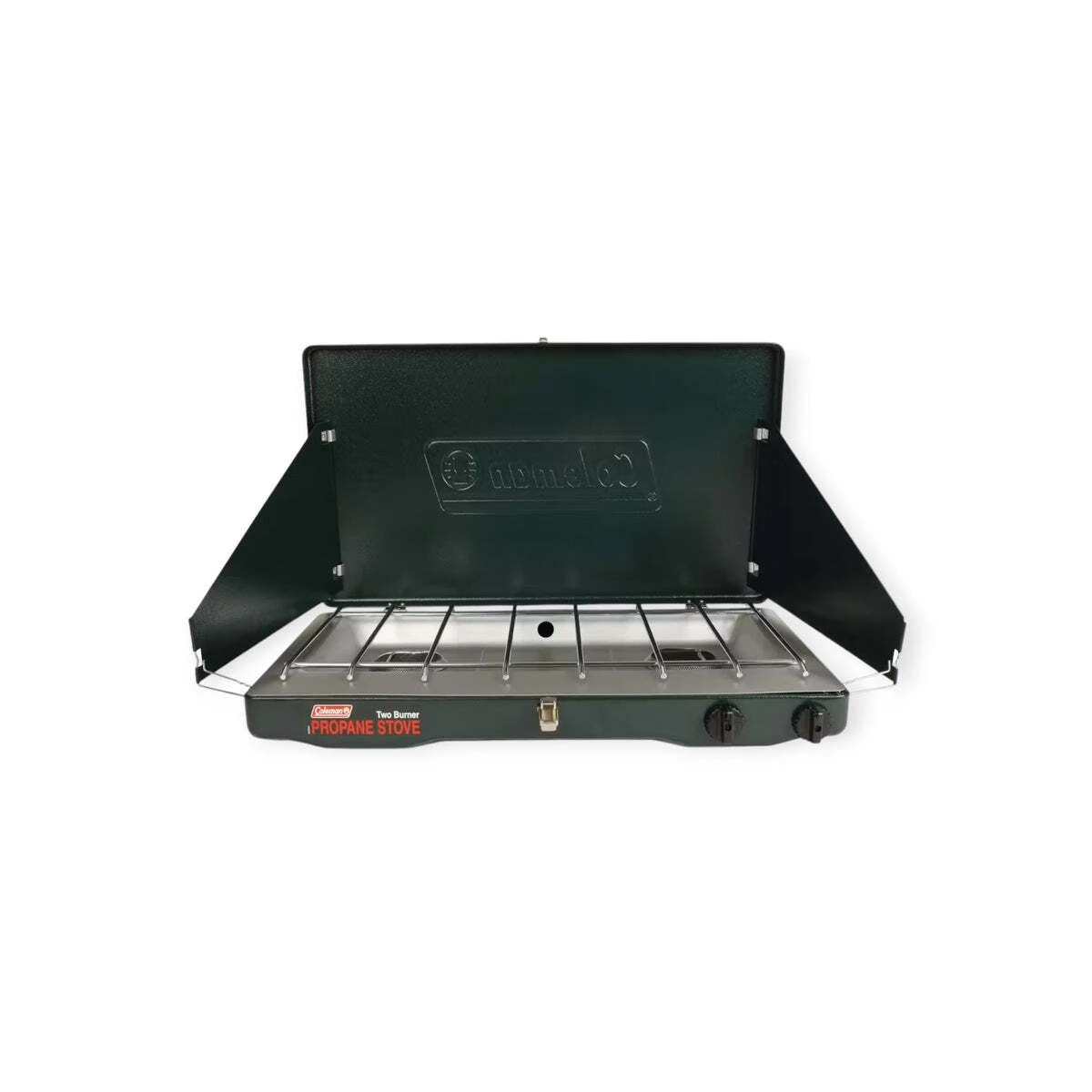 Two-burner propane camp stove with fold-up lid windscreen